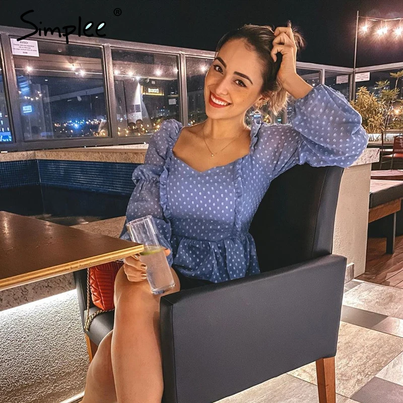 Simplee шифоновый блузка горошек с рюшами Женщины Повседневный квадратный воротник