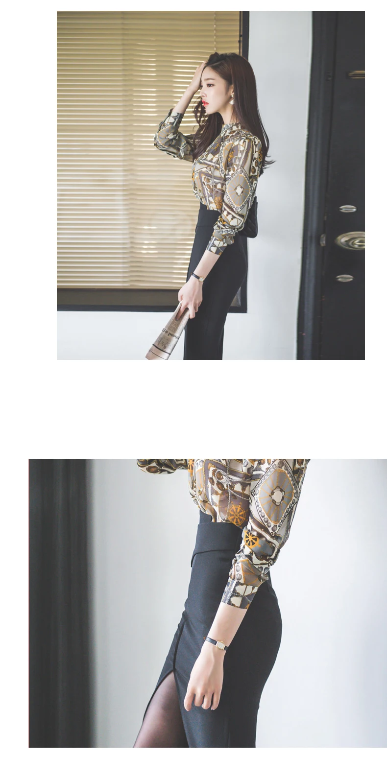 H Han queen, Новое поступление, женские костюмы из 2 предметов, винтажная рубашка с принтом, укороченный топ и облегающая юбка-карандаш, комплект для работы, Офисная Леди