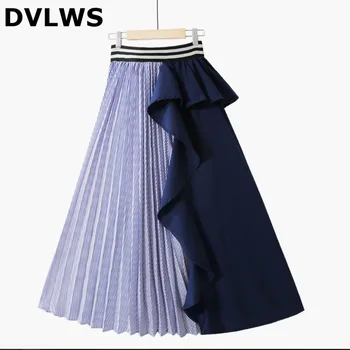 

2019 Korean New Autumn Contrast Color Stitching Pleated Skirts Women Striped Ruffled Fashion Office Lady Skirts Black Navy Color