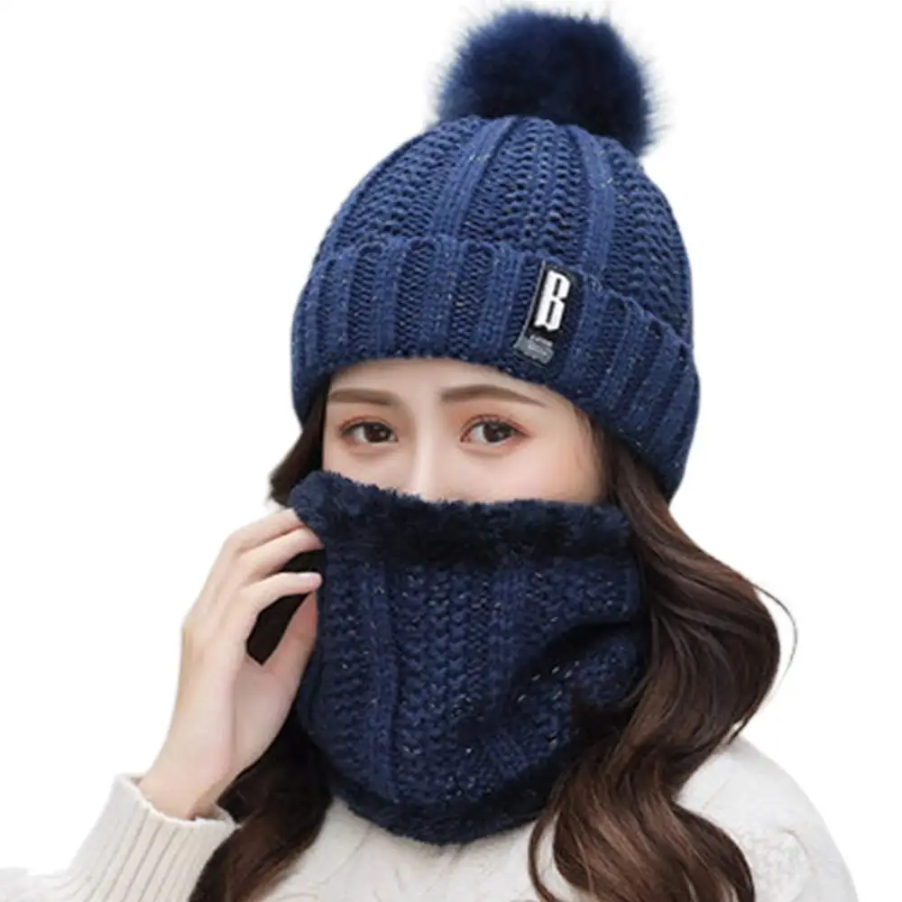 2Piece set Beanie Hat Womens Winter Thick Beanie Scarf Set Girls Cute Pom Warm Knit Ski Hat with Fleece Lined