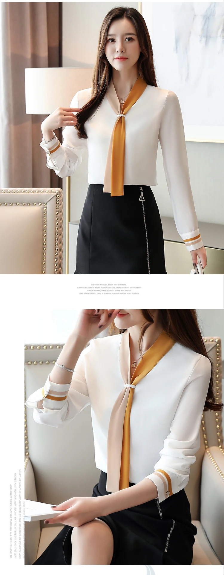 بلوزات شيفون نسائية كلاسيكية بأكمام طويلة ورقبة على شكل حرف V ، بلوزات فضفاضة ، ملابس غير رسمية ، أحادية اللون ، أنيقة ، مكتب ، خريف