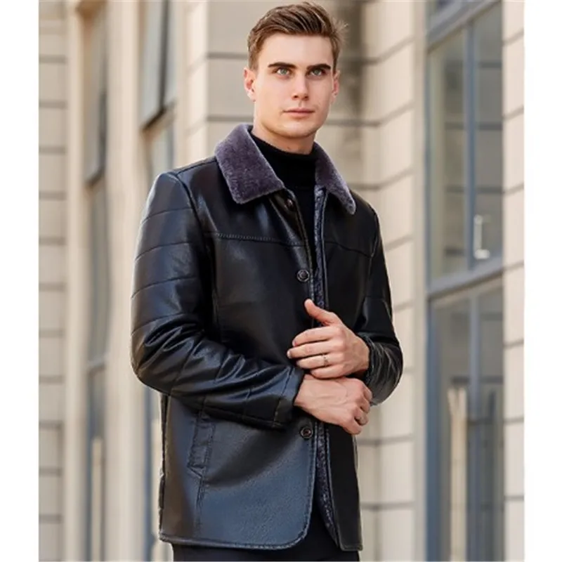 XL-8XL из искусственной кожи, мужская куртка с меховым воротником, бархатная утепленная верхняя одежда, мужская модная мягкая куртка из искусственной кожи, RM50022