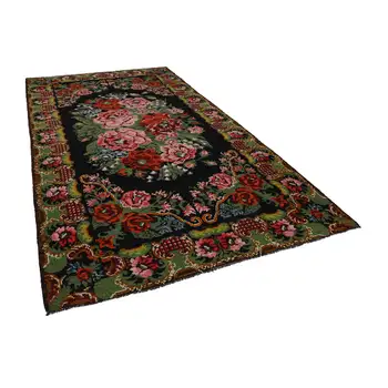 

218x387 Cm Black Handmade Rose Rug Runner Rug-7x13 Ft