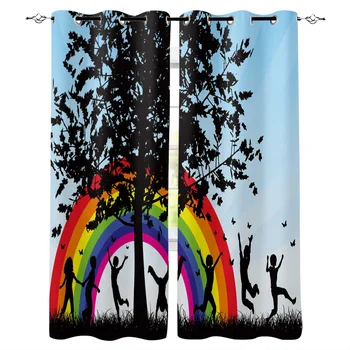 

Kitchen Curtains Children Playing Rainbow Big Tree Bedroom Curtains Home Item Window Curtain for Living Room