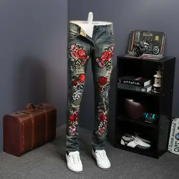 

Hip Hop Denim Pants Trousers 2020 Fashion Flower Embroidery Summer New Skinny Jeans Men Casual Slim Fit Blue