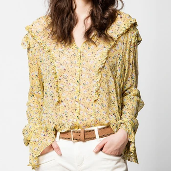 

Vintage Yellow Floral Print Blouse Ruffles Trim 100% Silk Women Long Flare Sleeve Single Breasted Casual Shirt