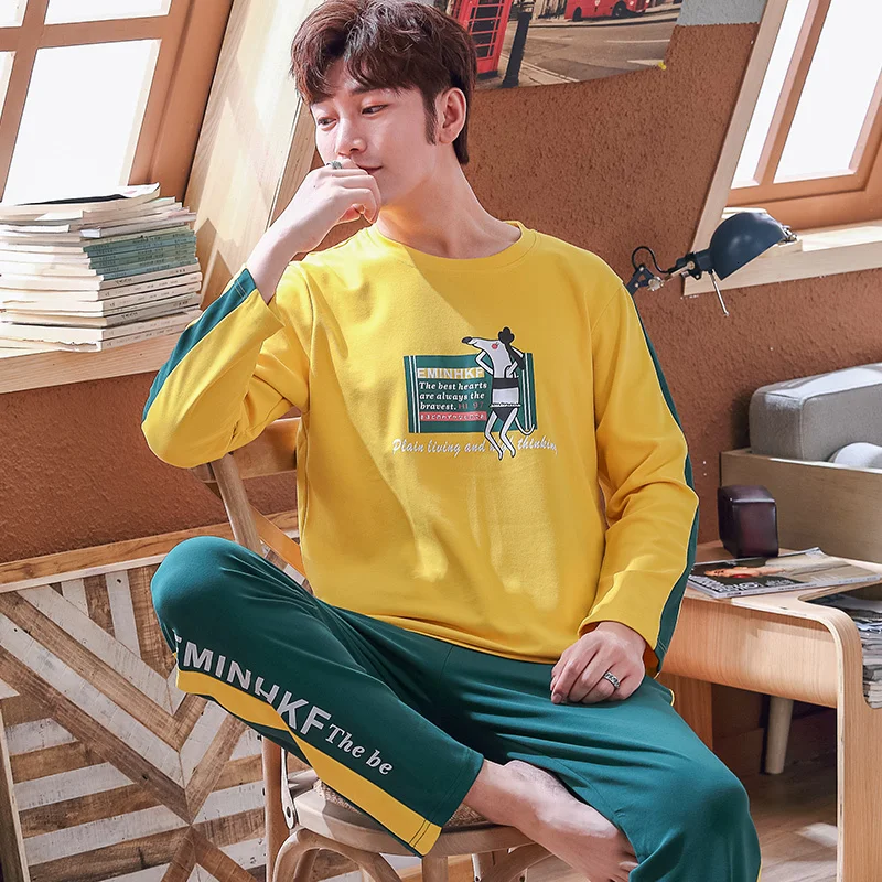 men pajama set Осенне-зимняя Трикотажная хлопковая Мужская пижама с героями мультфильмов, комплект полосатых пижам, повседневная мужская одежда для сна, ночная Пижама, 3XL, домашняя одежда - Цвет: men pajama set