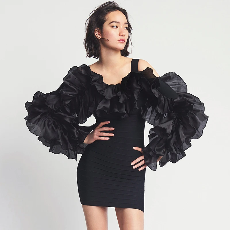 

Patchwork Lace Sexy Party Dress For Women Square Collar Ruffle Sleeve High Waist Dresses Female Autumn New 45