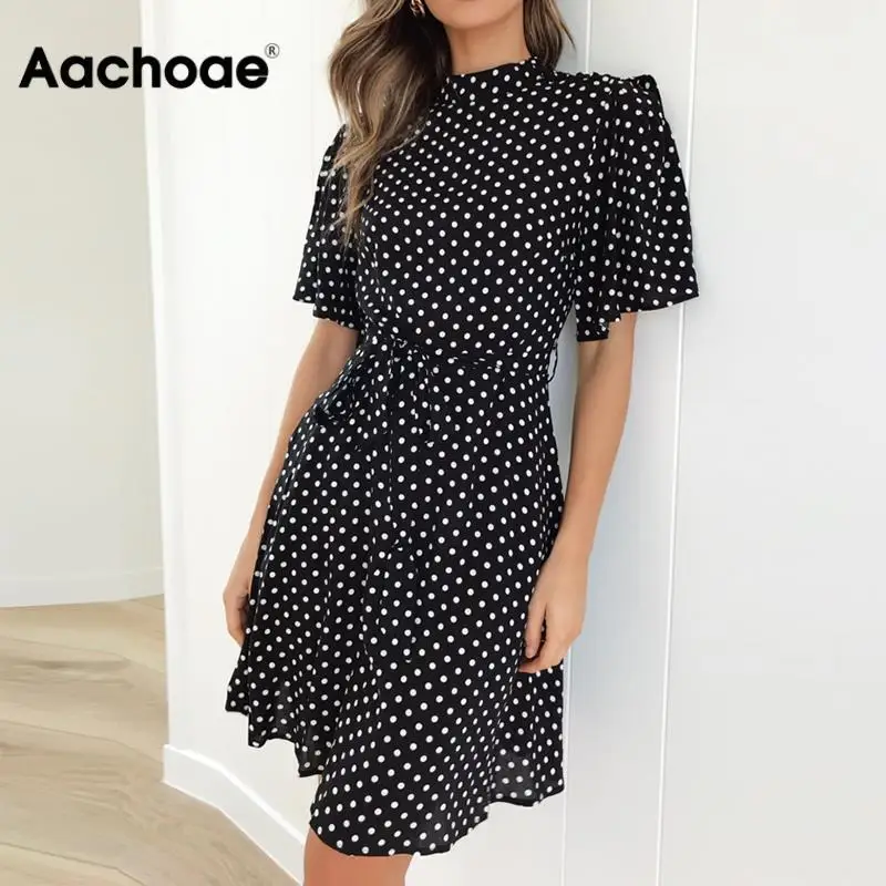 Aachoae 2020 Polka Dot Dress Women Summer Boho Beach Mini Dress Casual Short Sleeve Ladies Office Elegant Dress Vestido Mujer Aachoae 2020 Polka Dot Dress Women Summer Boho Beach Mini Dress Casual Short Sleeve Ladies Office Elegant Dress Vestido Mujer
