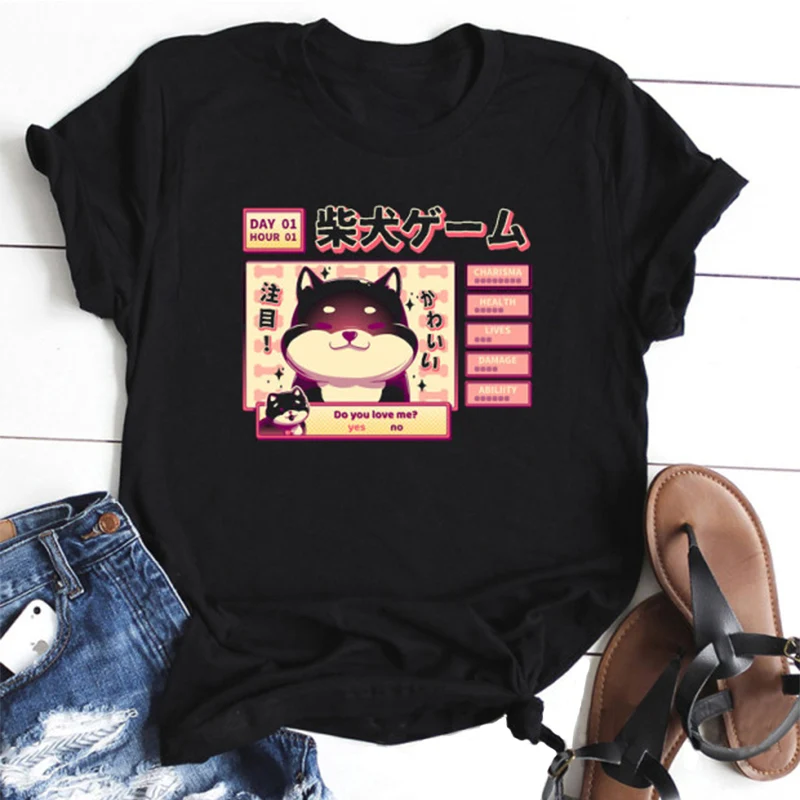 Harajuku черная футболка Kawaii cute Shiba Inu Doge ulzzang fun chic корейский стиль Уличная эстетика