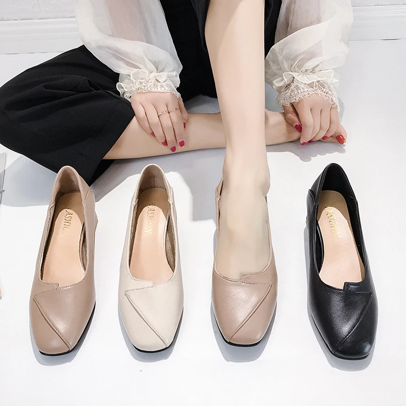 

Shoes On Heels Square Toe Shallow Mouth Casual Female Sneakers Shose Women All-Match Dress New Retro Nurse Summer PU Basic