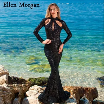 

Arabic Mermaid Long Sleeves Evening Dresses 2019 Sequined Backless High Neck Red Carpet Elegant Event Formal Party Prom Gowns