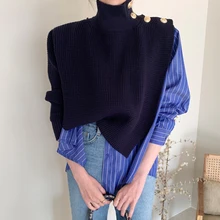 

2021 Fall Women High Collar Side Buttons Korean Chic Fake Two-piece Shirt Ladies Stitching Striped Bubble Sleeve Blue Sweater