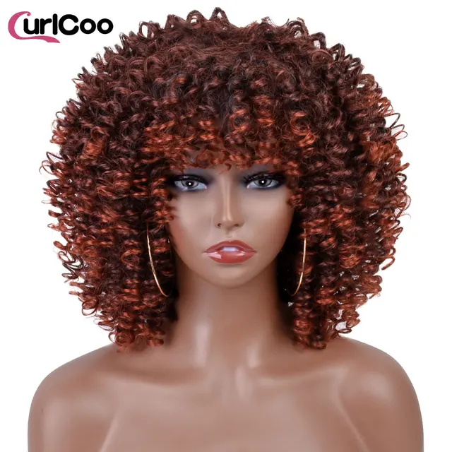 Short Afro Kinky Curly Wigs With Bangs For Black Women Synthetic Ombre Natural Heat Resistant Hair Brown Cosplay Highlight Wigs T1B-350R
