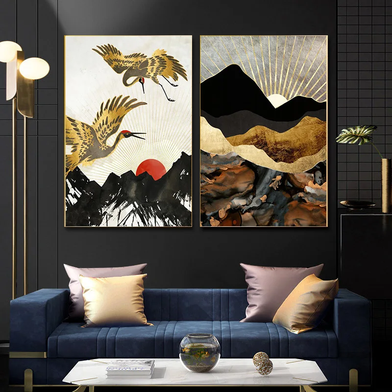 Poster Moderno Astratto Montagna Tela Pittura Stile Giapponese Gru Alba Immagine Di Arte Della Parete Per Soggiorno Camera Da Letto Decorazioni Per La
