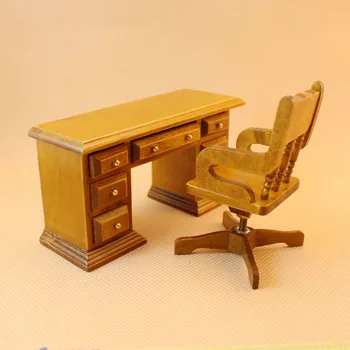 

1:12 Dollhouse Miniature Wooden Furniture Swivels Chair Desk Sets Mini Office Chair Table Set Dollhouse Accessories