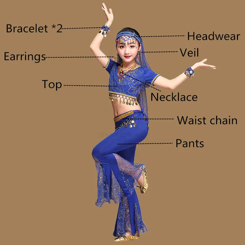 8pcs Royal blue Костюмы для восточных танцев для девочек; египетские Детские костюмы для танца живота; SetEgyptian Bollywood; индийская одежда для танца живота; Индия; 3 цвета - Цвет: 8pcs Royal blue