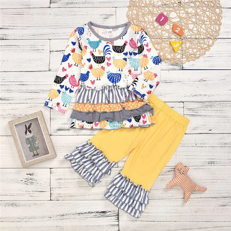 

2020 Girlâ€™s Long-sleeved and Trousers Suit Cartoon Chick Printed Pullover T-shirt and Ruffles Stitching Long Pants Children Set