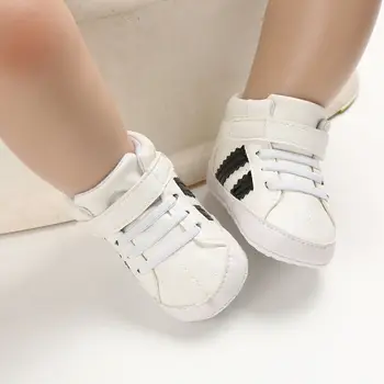 

2020 New Baby Shoes Boy Girl Solid PU Striped Sneaker Comfort Shoes New Style Newborn Infant First Walker Casual Crib Shoe 0-18M