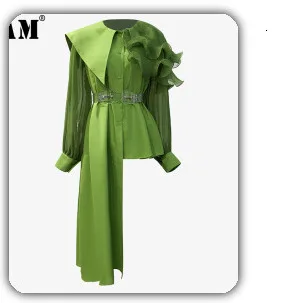 [EAM] 2020 New Spring Autumn V-Neck Long Sleeve Waist Bandage Loose Big Size Temperament Dress Women Fashion Tide JU356