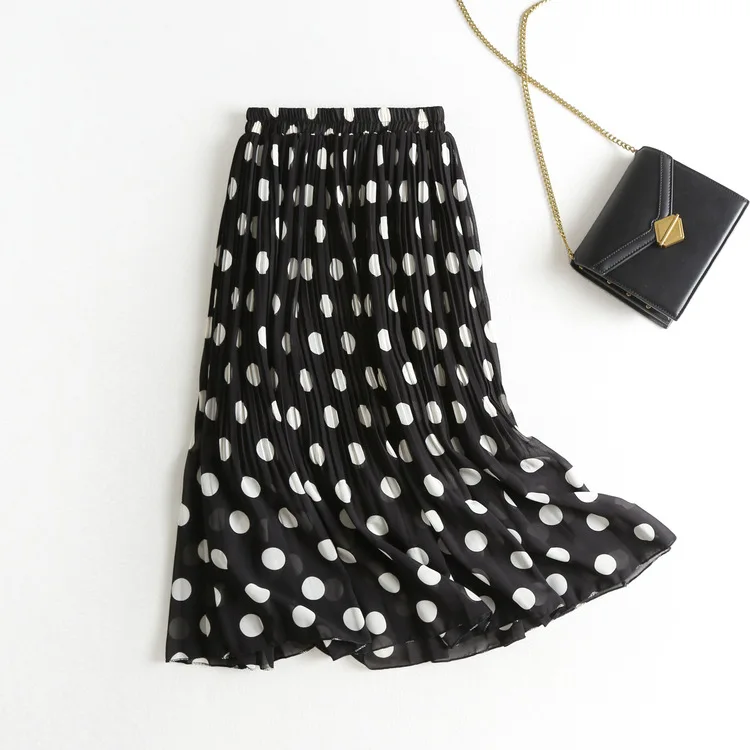 

Summer New Style Chiffon Polka Dot Skirt Mid-length Versatile A- line Skirt High-waisted Slimming Pleated Skirt Women's S27779