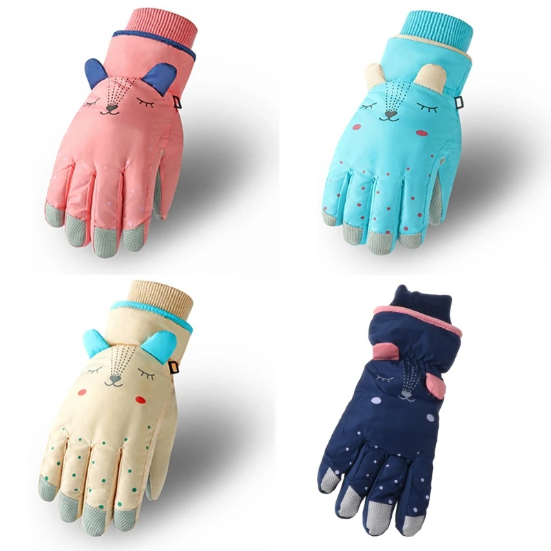 Kids Winter Waterproof Snow Gloves Solid Color Cartoon Ears Thermal Insulated Windproof Sport Snowboard Ski Warm Mittens