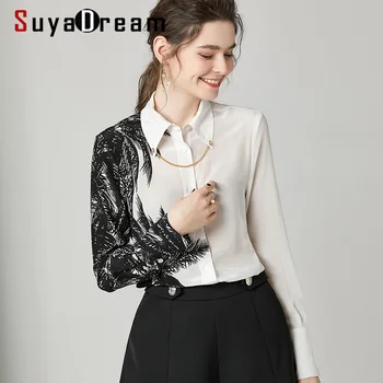 

SuyaDream Women White Black Contrast Blouses 100%Silk Crepe 2020 Spring Long Sleeved Turn Down Collar Office Blouse Shirt