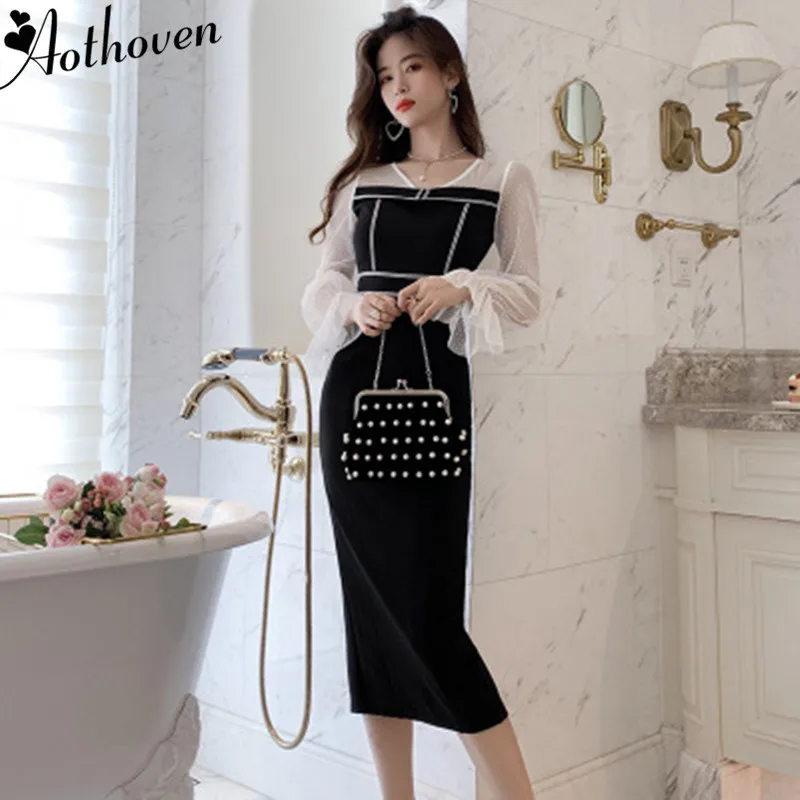 

2019 Autumn Mesh Patchwork Dress V Neck Long Flare Sleeve Women Dresses Elegant Ladies Vintage Sexy Party Pencil Dress Vestidos