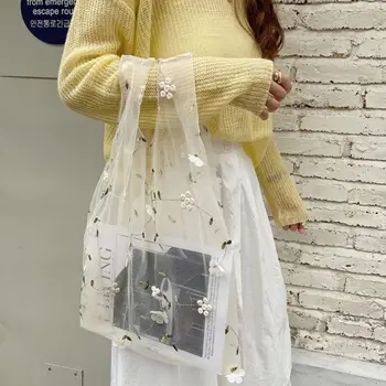 2020 Женская Цветочная вышивка ручная сумка Organzer повседневные сетчатые сумки для покупок женские сумки 4 цвета