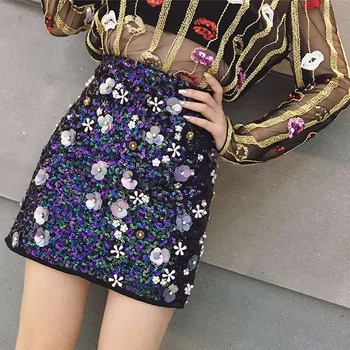 

Sexy Women Sequined Mini Skirts Lady Bling Bling Shiny Short Pencil Skirts Female 3D Flower Embroidery Mini Skirt