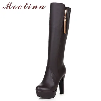 

Meotina Autumn Knee High Boots Women Fringe Platform Block Heel Long Boots Slip on Super High Heel Shoes Lady Winter Big Size 43