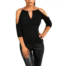 Осенняя модная женская Однотонная футболка с v-образным вырезом и рукавом 3/4