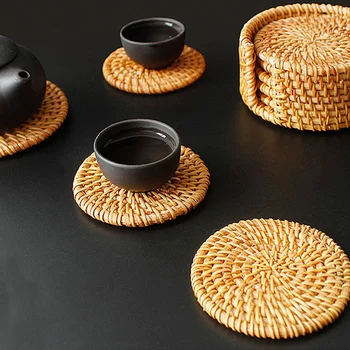 

6 in 1 set 10cm Rattan Coaster with Storage Holder Hot Drink Coffee Cup Mat Tea Pad Dining Table Heat Insulation Placemats