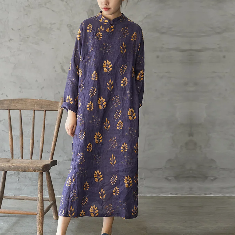 

2020 Spring Women Dress Vintage Print Stand-collar Plate Buttons Long Linen Dress P205