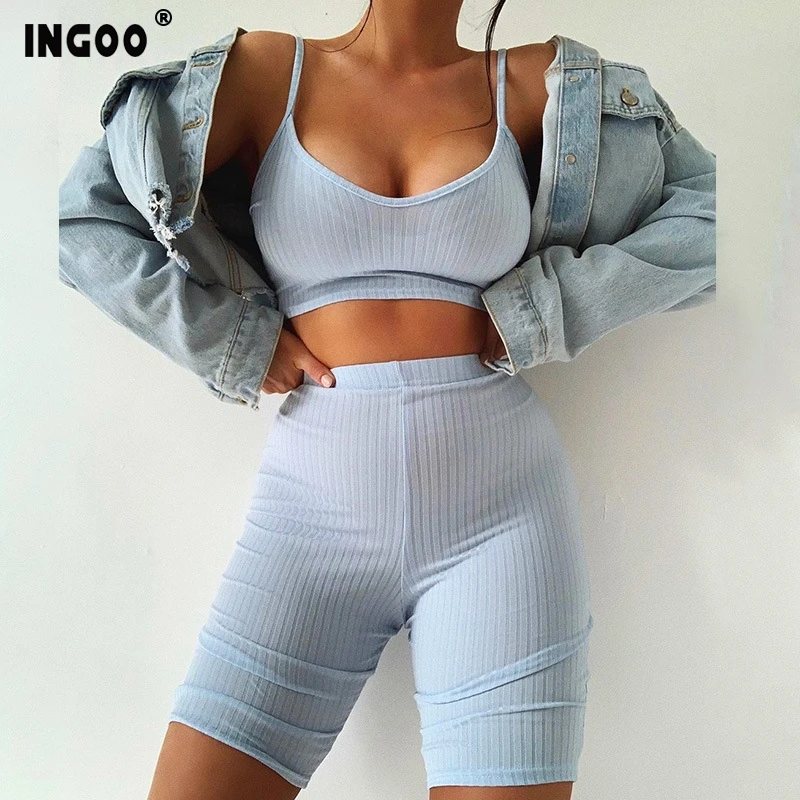 Летний спортивный костюм INGOO с открытой спиной женский укороченный топ на