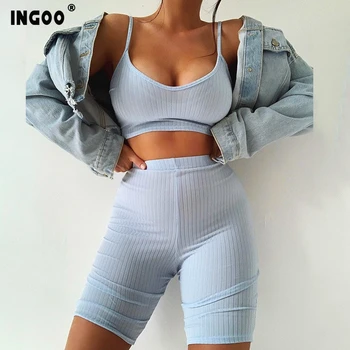 Женский спортивный костюм INGOO, с открытой спинкой, короткий топ на бретельках и мини-байкерские шорты черного и синего цвета, повседневные к...
