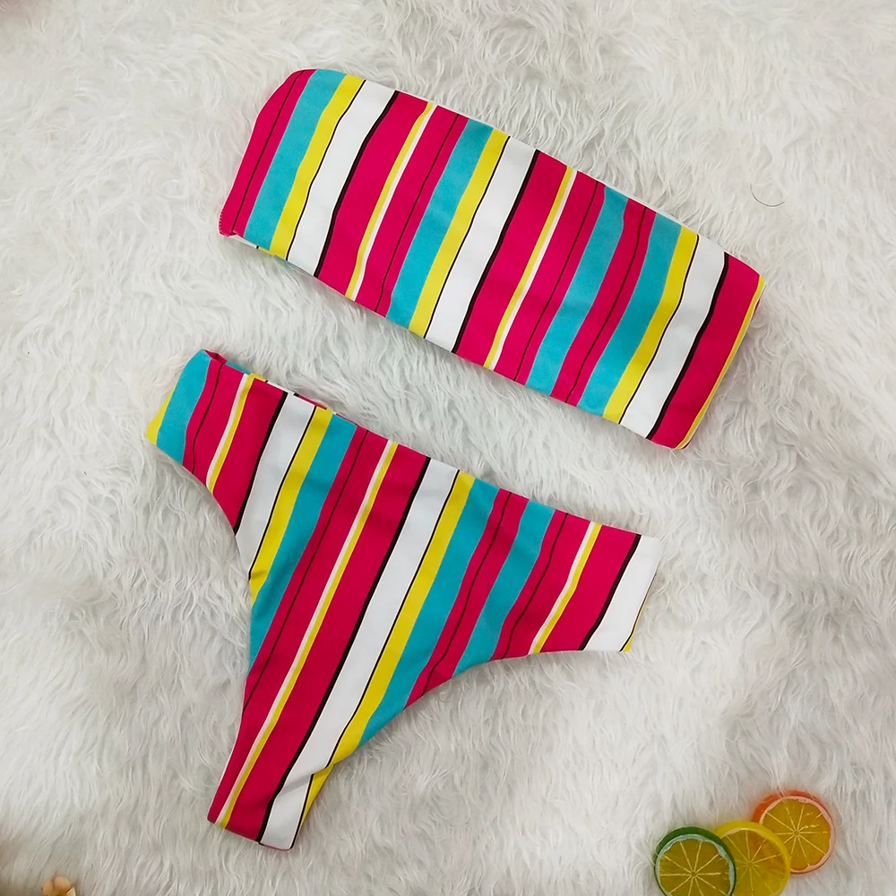 2019 Sexy Colorfu Rainbow Striped Floral Bandeau  High Waist Swimsuit Swimwear Women Bikini Biquini Swim Beach Wear Female Cut