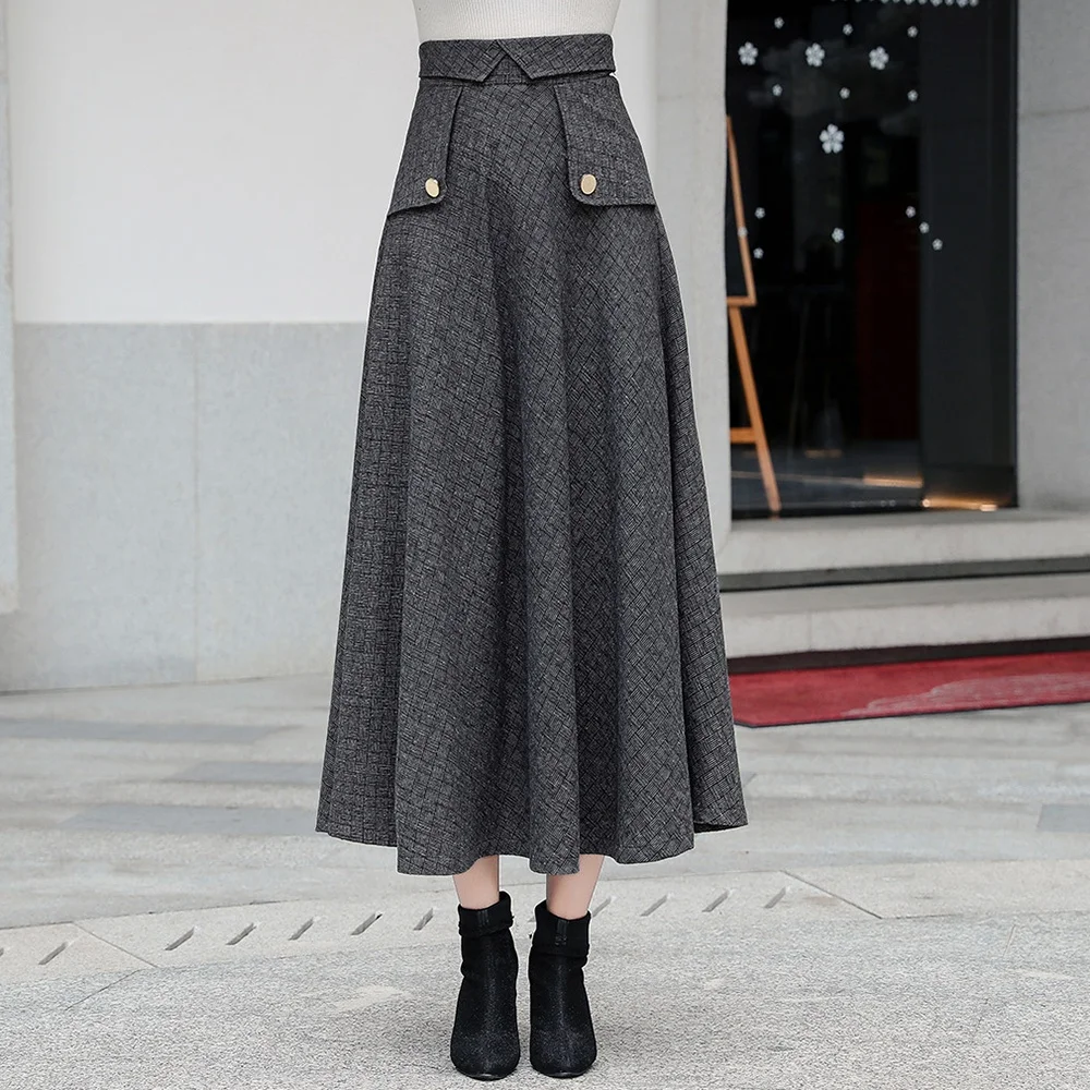 

Lattice Woolen Skirt Midi Autumn 2020 New Winter High Waist Plaid Striped Swinging Skirt Pockets A- line Long Skirt Womens 819F