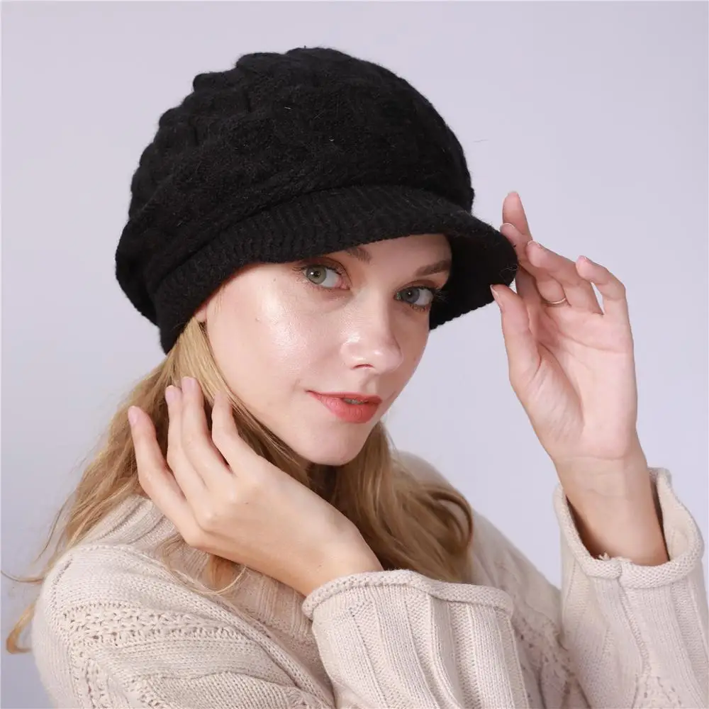 Женская вязаная шапка с кроличьим мехом, флисовая внутри, зимний теплый козырек, крученая вязаная плоская шапка, шапочки, шапки, шапки, Femme