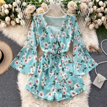 

Women Clothes Body Short Playsuits New 2020 Summer Ruffles V-neck Vintage Floral Print Beach Romper Woman Jumpsuit Overalls