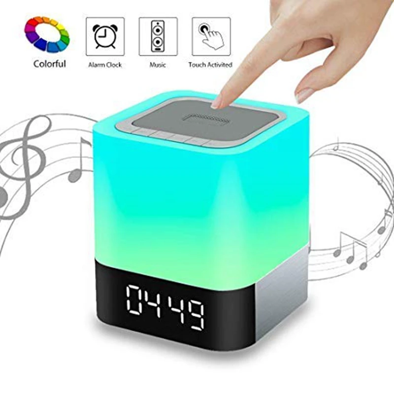 FUNN-Ночной светильник Bluetooth динамик, светодиодный прикроватный сенсорный датчик с регулируемой яркостью, беспроводной динамик с изменяющим цвет светильник и будильник