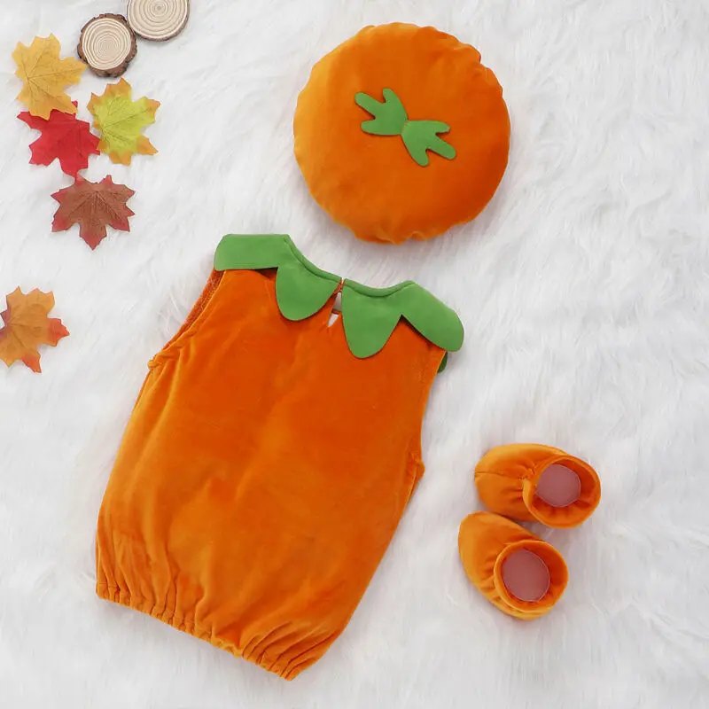 2019 Newest Hot Cosplay Halloween Baby Kid Boys Girls Pumpkin Suit Top Sleeveless Blouse Dress+Hat+Shoes Costumes 3PCS