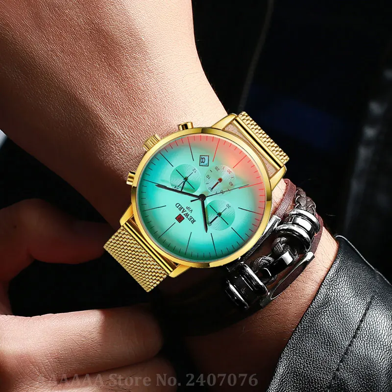 

Colorful Luster Gold Watch Men Watches Golden Dress Chronograph Male Wristwatch Stainless Steel Quartz Wrist Watch For Men Clock