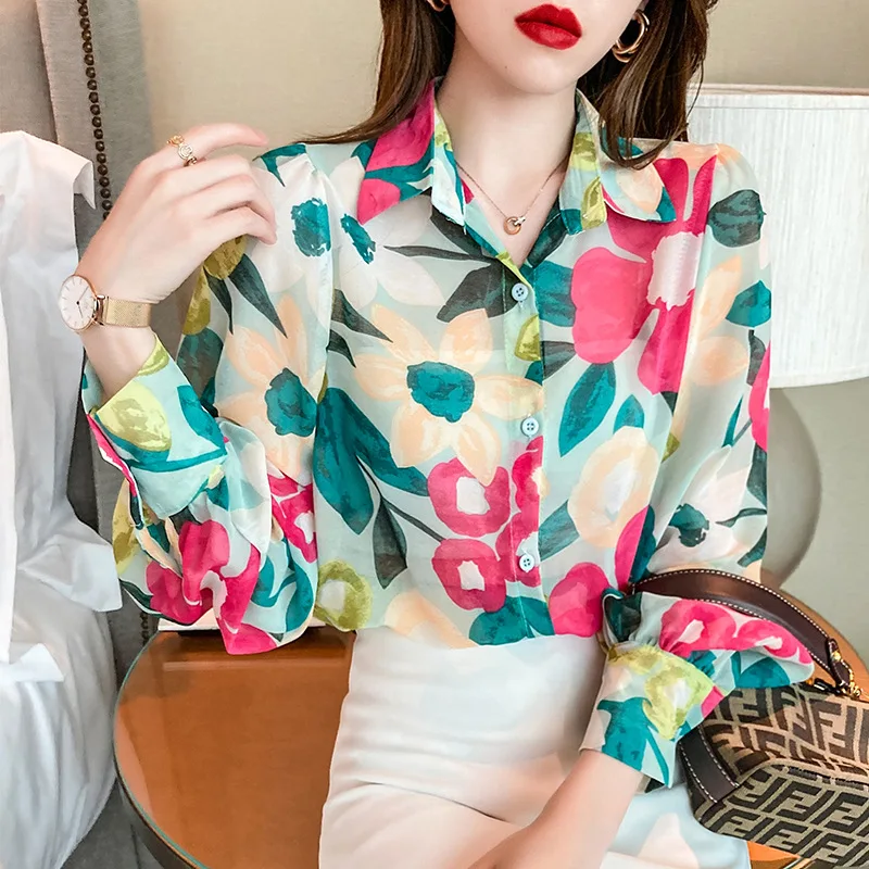 Summer New women's Long Sleeve Chiffon Shirt Fashion Versatile Cotton Quick  Drying Cool Lady's Top Printing Slim Blouses B086