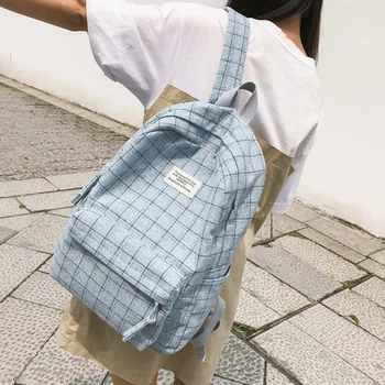 

Fashion Backpack for Women Canvas Book Bag Plaid Double Shoulder Bag Large Capacity Travel Casual Knapsacks Rucksack