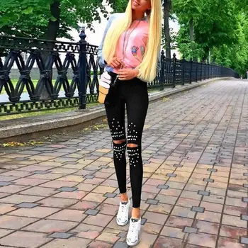

Plus Size Leggings Knee Hole Leggings 2020 New Fashion Stretch Cut Holes Beads Decoration Women Pants Skinny High Waist Leggings