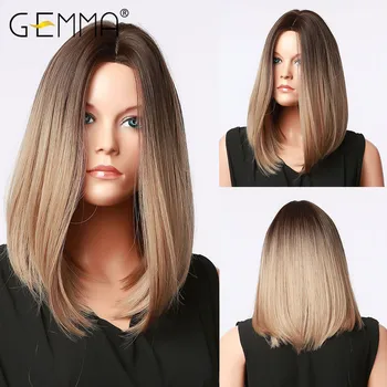 

GEMMA Ombre Black Brown Hair Wigs for Black Women Middle Part Medium Straight Bob Synthetic Wigs Cosplay Heat Resistant Fibre