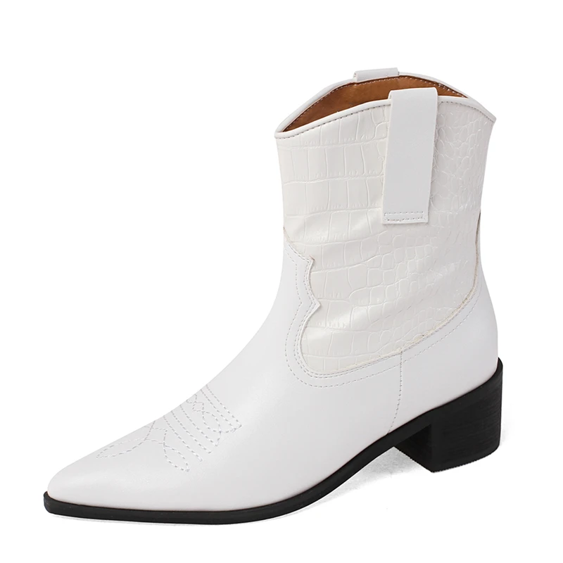 

Nice Retro Genuine Leather Western Boots Chunky Heels Boots Women Casual Keep Warm Boots Shoes White Black Women Boots