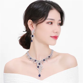 

Exotic wind full zircon bridal jewelry copper-plated platinum temperament earrings necklace two-piece set ulti color optional