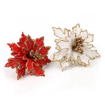 

5pc Cuttings Artificial Gilding Flannelette Flower Glitter Poinsettia Home Ornament Festival Christmas Tree Decor Party Supplies